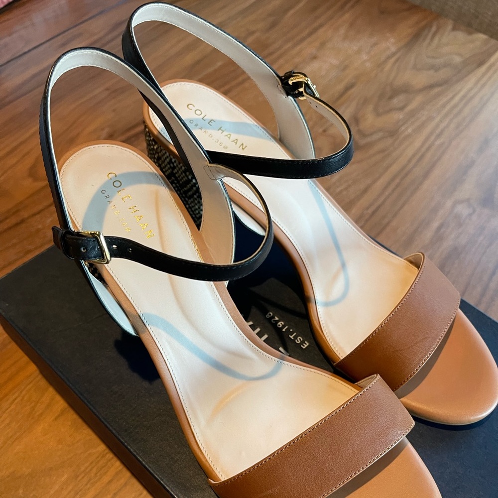 Cole Haan tan with tweed heel sandals.